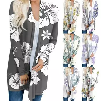 Женский осенний кардиган с длинным рукавом и цветочным принтом, верхняя куртка L темно-зеленого