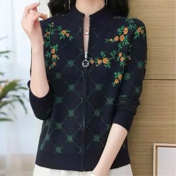 Женский осенний кардиган с длинным рукавом, вязаный жаккардовый, с колорблокингом, приталенный, на молнии 3XL