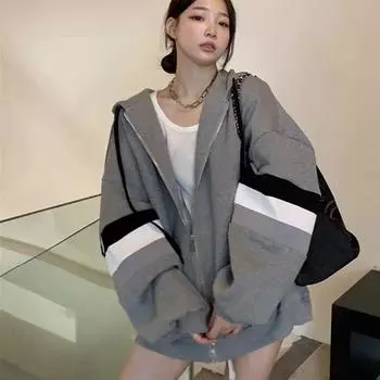 Женский осенний кардиган с капюшоном и молнией с цветными блоками, пальто большого размера S серый