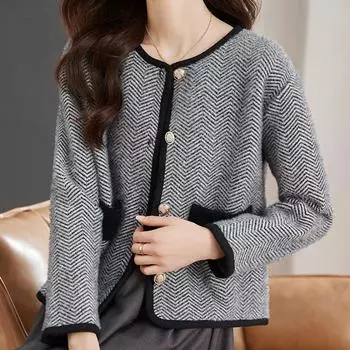Женский осенний кардиган в полоску с пуговицами, свободный свитер S чёрный