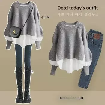 Женский осенний комплект из двух частей больших размеров 2024 года: Элегантный топ-рубашка и узкие джинсы 3XL