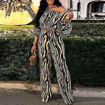 Женский осенний комплект из топа и брюк с открытыми плечами и длинными рукавами с принтом зебры M чёрный