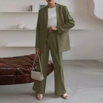 Женский осенний комплект, повседневные свободные длинные куртки и широкие брюки с карманами S бежевый