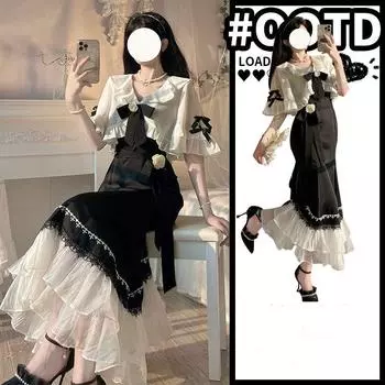 Женский осенний костюм больших размеров, женское платье на подтяжках с рыбьим хвостом в стиле камелии 2XL чёрный/белый