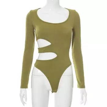 Женский осенний модный облегающий однотонный комбинезон с круглым вырезом и длинными рукавами S чёрный