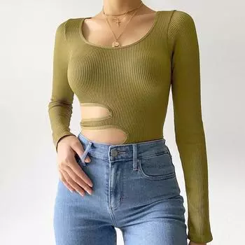 Женский осенний модный облегающий однотонный комбинезон с круглым вырезом и длинными рукавами S чёрный