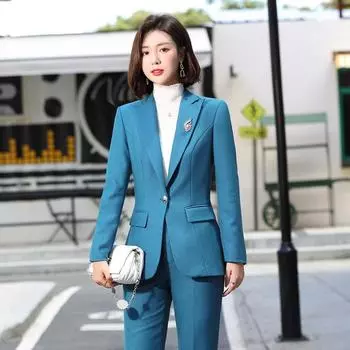 Женский осенний модный профессиональный костюм, пиджак, брюки, комплект из двух частей, элегантный повседневный пиджак, пальто, брюки, подходящий комплект XXXXL синий