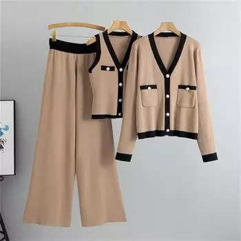 Женский осенний модный трикотажный костюм с V-образным вырезом, трикотажный кардиган, жилет с широкими штанинами, комплект из трех предметов One Size хаки