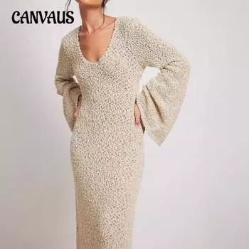 Женский осенний новый джемпер длинная юбка темперамент тонкие и универсальные платья S абрикосовый