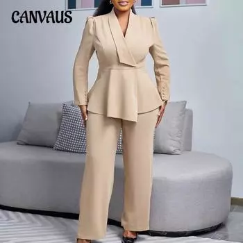 Женский осенний новый модный темпераментный элегантный оборчатый топ с широкими брюками костюм S хаки