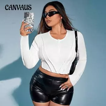 Женский осенний новый облегающий короткий трикотажный топ с длинными рукавами 1XL белый