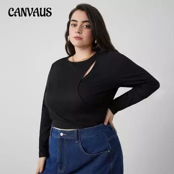 Женский осенний новый стиль простой сексуальный полый тонкий топ с длинными рукавами 1XL чёрный