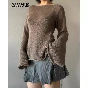 Женский осенний новый темпераментный расклешенный рукав трикотажный топ с завязками сексуальный джемпер с открытой спиной S чёрный