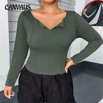 Женский осенний облегающий короткий дизайн Sense Niche с V-образным вырезом и длинным рукавом с базовым топом 1XL армия зеленый