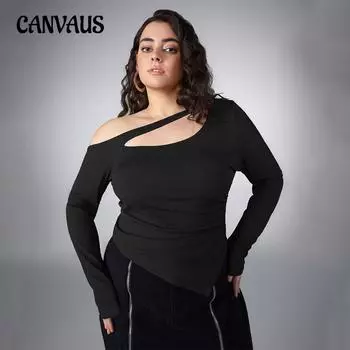 Женский осенний облегающий топ All Match с косым вырезом и открытыми плечами, длинными рукавами 1XL чёрный