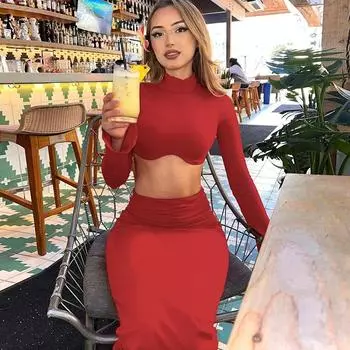 Женский осенний однотонный комплект из расклешенного топа с рукавами и длинной юбкой с низкой талией S зелёный