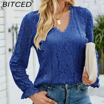 Женский осенний однотонный кружевной топ с длинными рукавами BITCED, сексуальный вязаный кружевной топ