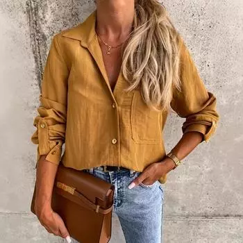 Женский осенний однотонный топ с длинными рукавами и пуговицами на лацканах S имбирный