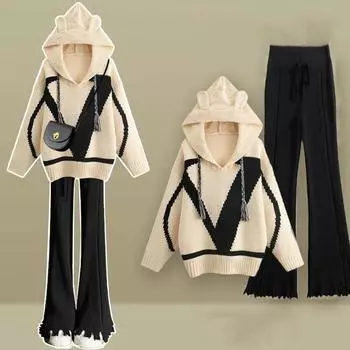 Женский осенний офисный комплект из 2 предметов: свитер с капюшоном и брюки 4XL