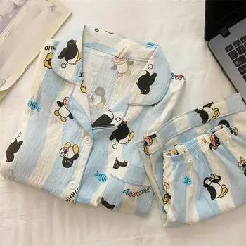 Женский осенний пижамный комплект из двух частей с принтом пингвина, топ с длинным рукавом и V-образным вырезом, брюки с эластичной резинкой на талии, 2 предмета, женская одежда для сна M