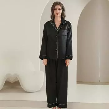 Женский осенний пижамный комплект, однотонная рубашка с длинными рукавами, отворотами, застегивающаяся на пуговицы, топы, штаны на шнурке, комплект из 2 предметов для сна XXL