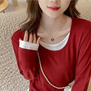 Женский осенний поддельный двухсекционный низ с открытыми плечами и длинными рукавами, свободный топ S чёрный