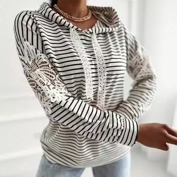 Женский осенний полосатый свитер с длинными рукавами и капюшоном S чёрный/белый