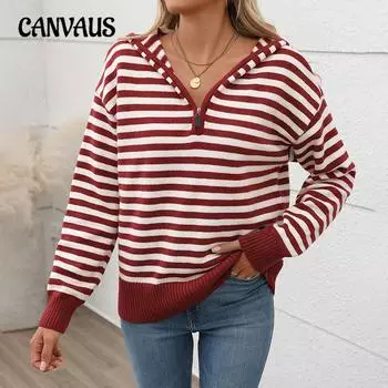 Женский осенний полосатый свитер с V-образным вырезом, вязаный рождественский свитер с капюшоном S бордовый