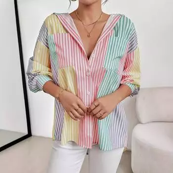 Женский осенний полосатый топ с длинными рукавами и V-образным вырезом S разноцветный