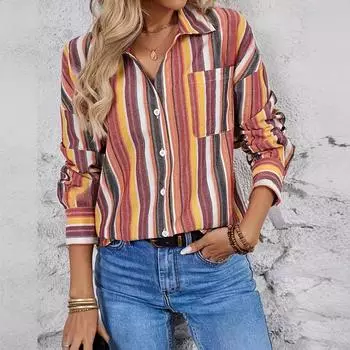 Женский осенний полосатый топ с длинными рукавами и лацканами S разноцветный