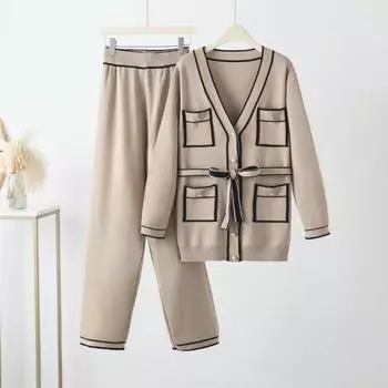 Женский осенний повседневный элегантный брючный костюм с карманами, шнуровкой на пуговицах, кардиган с эластичной талией, широкие брюки, трикотажные наряды, комплекты из двух предметов S хаки