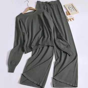 Женский осенний повседневный новый однотонный свободный комплект из двух предметов: широкие брюки с высокой талией, шнуровка и О-образный вырез, длинный рукав, трикотажный топ, зимний костюм One Size чёрный