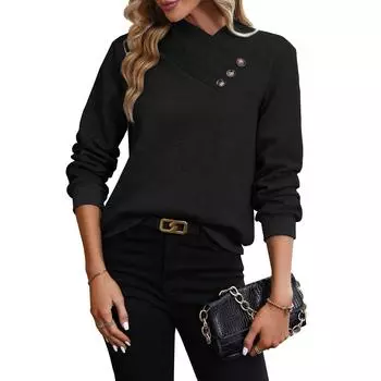 Женский осенний повседневный однотонный пуловер с длинными рукавами и v-образным вырезом на пуговицах, толстовка L чёрный
