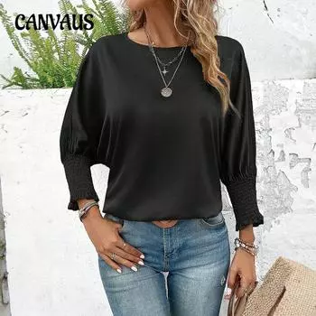 Женский осенний повседневный свободный однотонный топ с круглым вырезом и рукавами «летучая мышь» S жёлтый