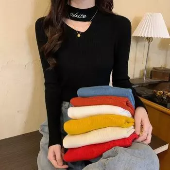 Женский осенний повседневный вязаный пуловер, свитер, верхняя одежда с полувысоким полым воротником и длинными рукавами, тонкая нижняя верхняя одежда, сплошной цвет One Size белый