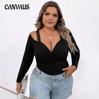 Женский осенний простой сексуальный утягивающий топ с V-образным вырезом и длинными рукавами 1XL чёрный