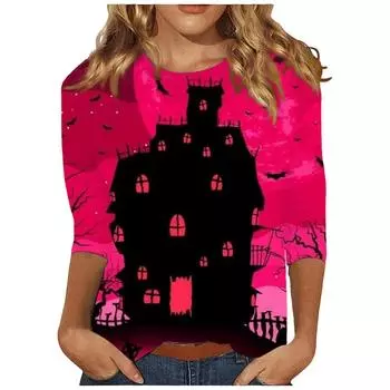 Женский осенний пуловер, модные повседневные футболки с круглым вырезом, 3D-принт на Хэллоуин, длинный рукав, тыквенная футболка для женщин S