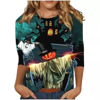 Женский осенний пуловер, модные повседневные футболки с круглым вырезом, 3D-принт на Хэллоуин, длинный рукав, тыквенная футболка для женщин S