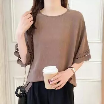 Женский осенний пуловер, весенняя мода, кружево, вязание крючком, сращивание, блузка с коротким рукавом, топы XL белый