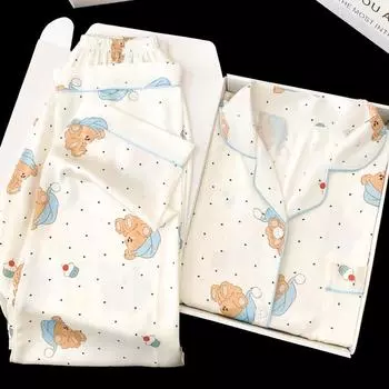 Женский осенний роскошный французский пижамный комплект из ледяного шелка в горошек с мишкой XL (57.5-65 kg)