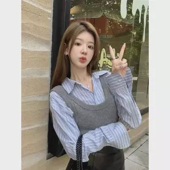 Женский осенний серый полосатый комплект из двух частей: Короткий вязаный жилет и рубашка с длинным рукавом M [Weight 100-110 lbs]