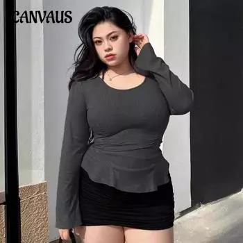 Женский осенний сексуальный Pure Desire U-образный воротник Темперамент Тонкий топ с длинными рукавами 1XL серый