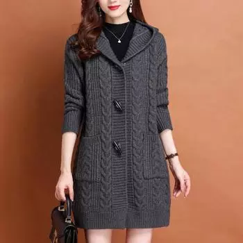 Женский осенний свитер с капюшоном, вязаный кардиган, модная верхняя одежда, толстая теплая куртка средней длины 6XL серый