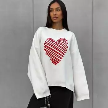 Женский осенний свитер с круглым вырезом и принтом в виде сердца, свободный повседневный свитер контрастного цвета, вязаный свитер L белый