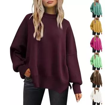 Женский осенний свитер с круглым вырезом, заниженными плечами, широкими плечами и длинными рукавами, большой вязаный пуловер с боковыми разрезами, пуловер, свитер, осенне-зимний свитер, топ S кофейный