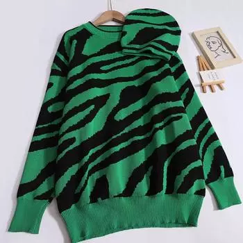 Женский осенний свитер с принтом зебры, винтажный, поношенный, с круглым вырезом, трикотажный свитер, свободный, повседневный, с длинными рукавами, зимний уличный стиль One Size зелёный
