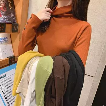 Женский осенний свитер с высоким воротом, универсальный свитер с длинными рукавами, трикотажный базовый топ S чёрный