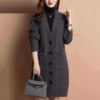 Женский осенний свободный с длинным рукавом модный V-образный вырез темперамент вязаный свитер кардиганы базовые повседневные пальто топы 6XL абрикосовый