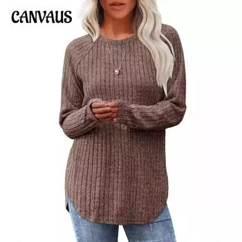 Женский осенний свободный топ с круглым вырезом и длинными рукавами, асимметричным закругленным подолом S хаки