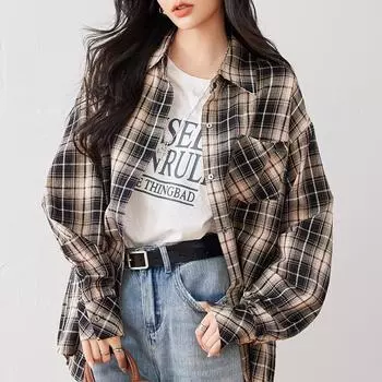 Женский осенний свободный топ в клетку с длинными рукавами в стиле ленивой моды S шоколадный коричневый